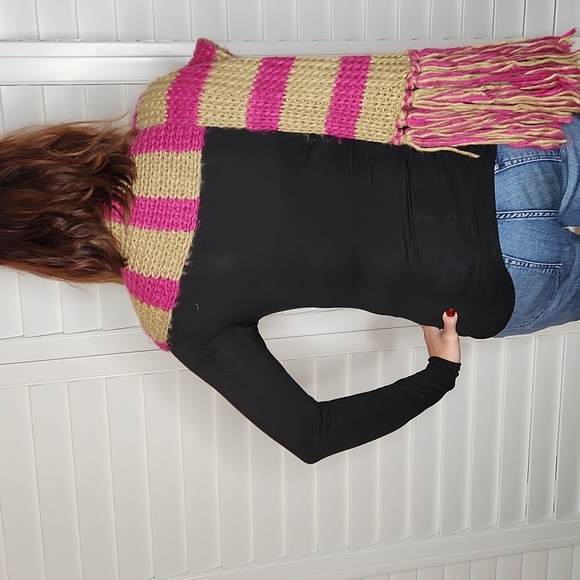 Michael Kors Stripe Fringe Knit Scarf Fushia Pink and Tan - Picture 4 of 12